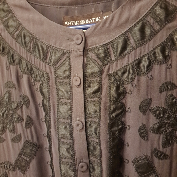 Antik Batik Tunic Womens Size XS Silk Black EUC Drawstring Waistband - Picture 4 of 8